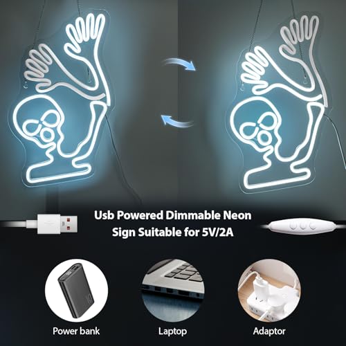 Image of Skeleton Skull Neon Sign White Halloween Waving Ghost Led Flicker Light Up Signs for Wall Decor Usb Powered Fun Lamp Neon Light Sign for Bedroom Beer Bar Man Cave Decor Birthday Halloween Party Gifts