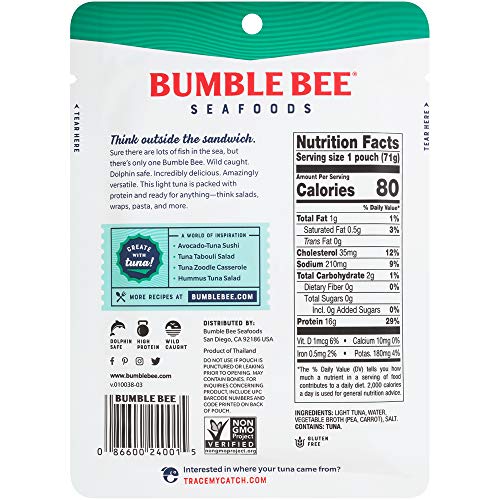 Bumble Bee Light Tuna Pouch in Water, 2.5 oz Pouch (Pack of 12) - Ready to Eat Tuna Fish, High Protein, Keto Food and Snacks, Gluten Free - Thumbnail 7