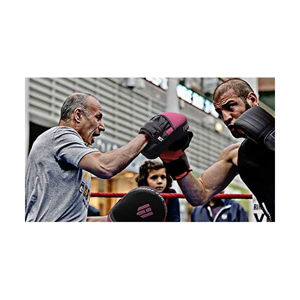 Punching-Mitts-Kickboxing-Muay-Thai-MMA-Boxing-Mitts-Training-Focus-Punch-Mitts-Bags-Hand-Target-Pads-for-Kids-Men-Women-Pair Hawk Sports Punching Mitts for Men, Women, and Kids, Leather Focus Mitts for Martial Arts and Boxing Training, Curved Punch Mitts for Karate, Kickboxing, Krav MAGA, Muay Thai, and Taekwondo, Pink