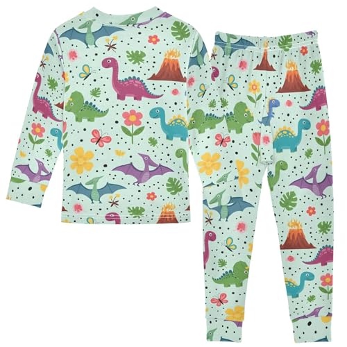 Pajama Sets Long Sleeve Dinosaurs Flowers Butterflies on Green Soft Comfy Sleepwear 2 Piece PJS 3-8T3