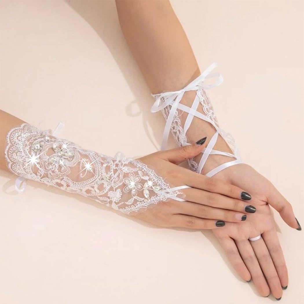 Latious Lace Wedding Gloves Fingerless White Bridal Gloves for Women and Bride - Image 6