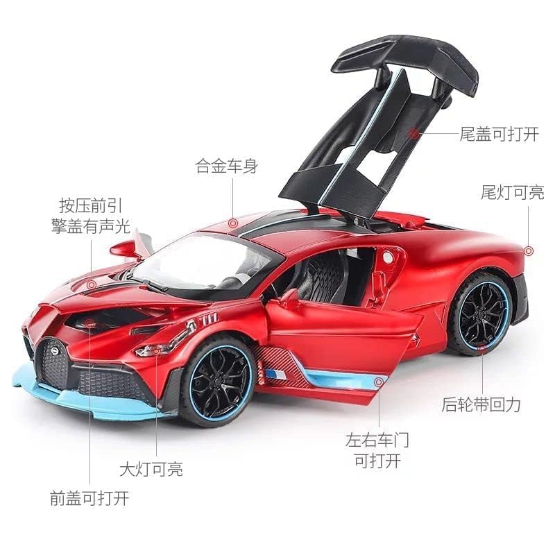 Image of Bugatti Divo Die cast Pull Back Metal Car Model Collection of Toy Cars Openable Doors Flashing Light and Musical Sound Best car Gift for Kids (Red)