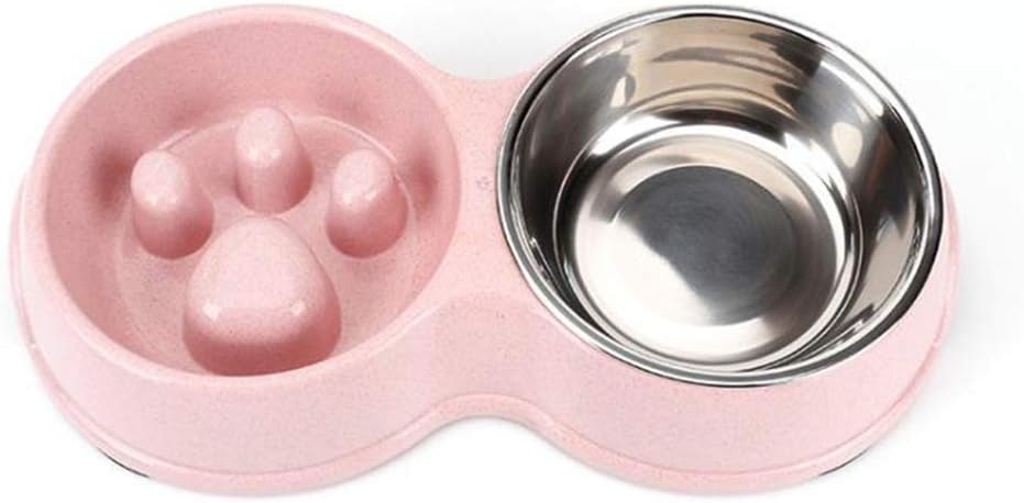 Pet Slow Feeder Dog Bowls, Double Bowl Design--Stainless Steel and Anti-Choking Double Bowl for Food and Water Feeding, with 1 Pet Food Scoop--2 in 1 Pack (Pink)