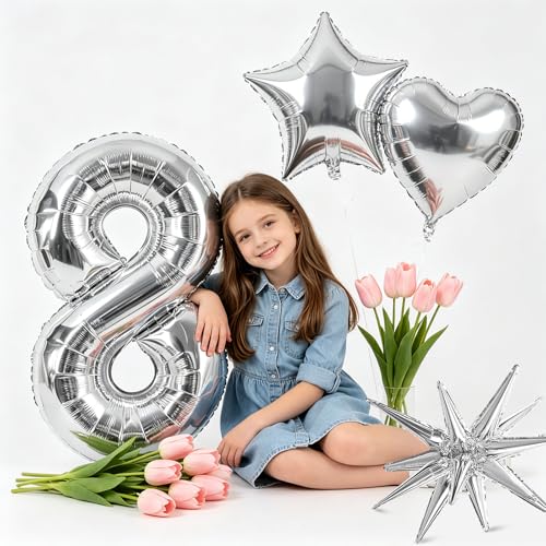 Image of TONIFUL 8th Birthday Balloons Kit 40Inch Silver Large Number 8 Foil Balloon | with 18Inch Helium Mylar Heart Star Balloons for Kids Women Men Birthday Anniversary Graduation New Year Eve Party Decoration