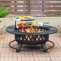 42 Inch Fire Pit with 2 Grills, Large Outdoor Firepits for Outside, Wood Burning Fireplace for Camping,Picnic,Bonfire, 3-in-1 Round Metal Table with Lid for Backyard,Patio,Party