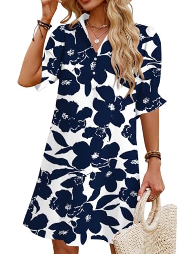 Image of Womens Summer Shirt Dress 2026 Casual Ruffle Short Sleeve Button Down Flowy Swing Shift Mini Dresses with Pockets