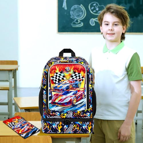 Image of HPJGD 2-in-1 Backpack for Boys, 17 inch Race Car Preschool Bookbag Set with Built-in Lunch Compartment, Kids Water-Resistant School Bag for Elementary - Thrill Racing