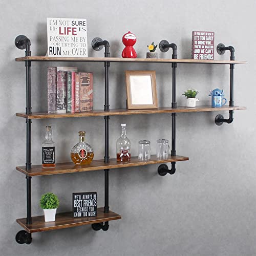 4-Tiers 63inch Industrial Pipe Shelving,Rustic Floating Shelves,Shelves Wall Mount with Wine Rack,Decorative Accent Wall Book Shelf for Kitchen or Office Organizer,Brown