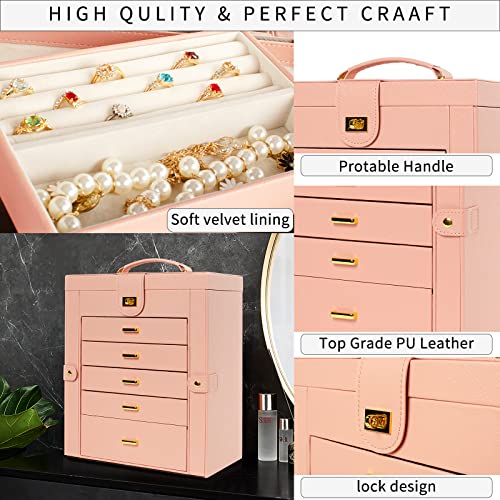 Akozlin Large Jewelry Box Organizer Functional Lockable With Big Mirror, Leather Jewelry Storage Case For Women Girls Ring Necklace Earring Bracelet Holder Organizer Pink #TOP5