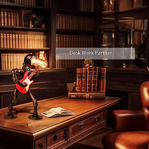 Nomgeg Music Electric Guitar Table Lamp - Cool Stuff For Man Cave Room Desk Art Decor - Steampunk Pipe Man Retro Industrial Robot Lamp - Unique Guitar Gadget Gifts For Men #TOP3