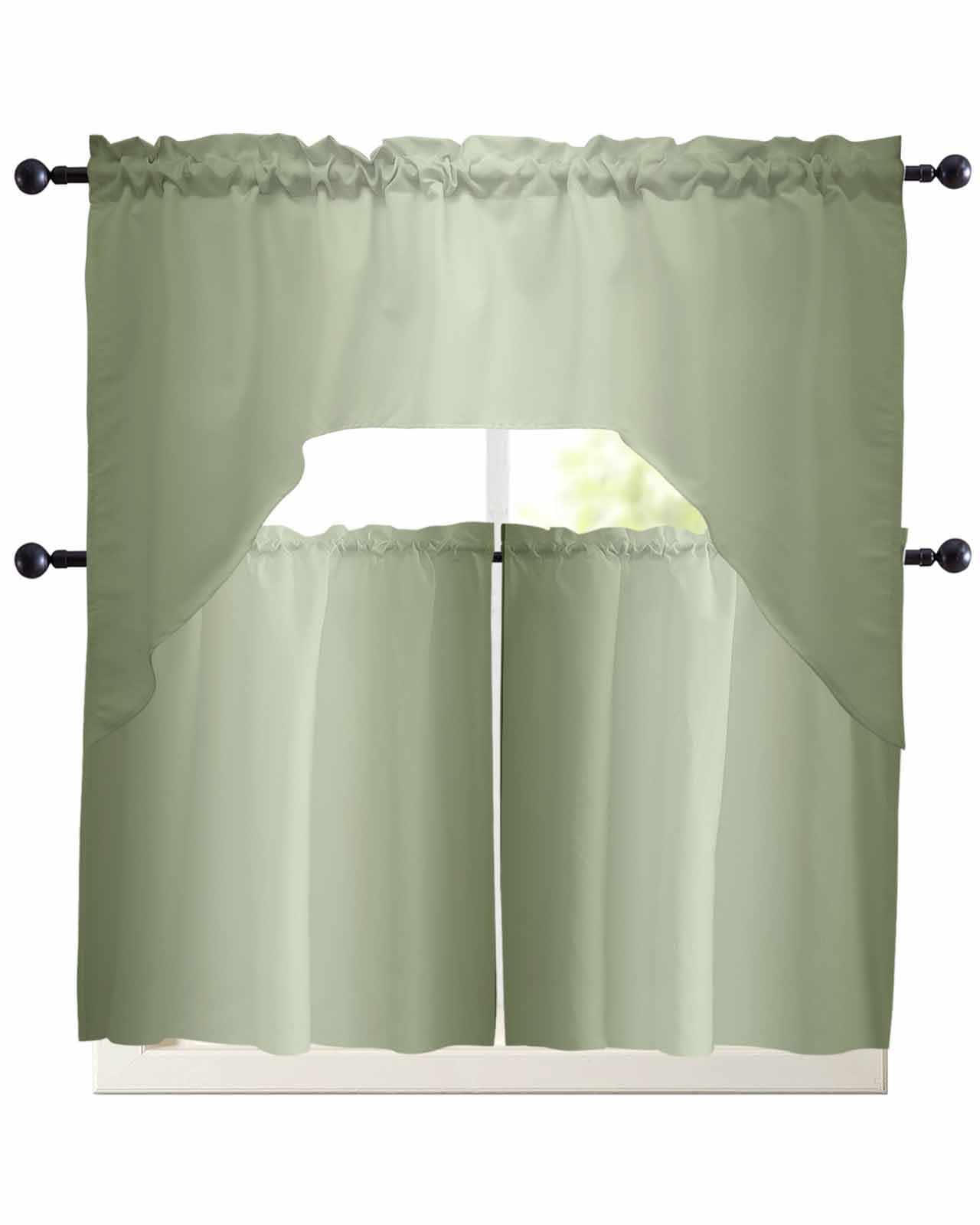 Gradient Sage Green Swag Kitchen Curtain Sets with Valance,Contemporary Minimalist Solid Color 3 Pieces Rod Pocket Curtain Drapes for Living Room Bathroom Cafe Windows,56''x36'' & 24''x27.5''x2Panels