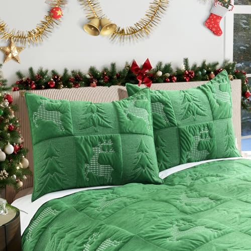 Image of Grassix Christmas Quilt Set King Size, Holiday Bedding Coverlet, Green | Tree & Reindeer Pattern, Soft Lightweight Christmas Velvet Bedspread with 2 Shams,Thin Comforter All-Season, 108 x 96 in