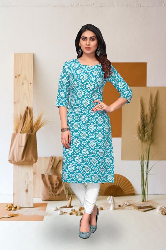Image of JAKHANA Women's Crepe Printed Casual Straight Calf Length Round Nick Kurta Pack of 4