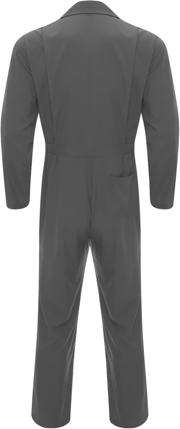 Men's One Piece Work Uniform Jumpsuit Long Sleeve Stylish Turn Down Collar Coveralls Mechanics Work Clothes Grey Large