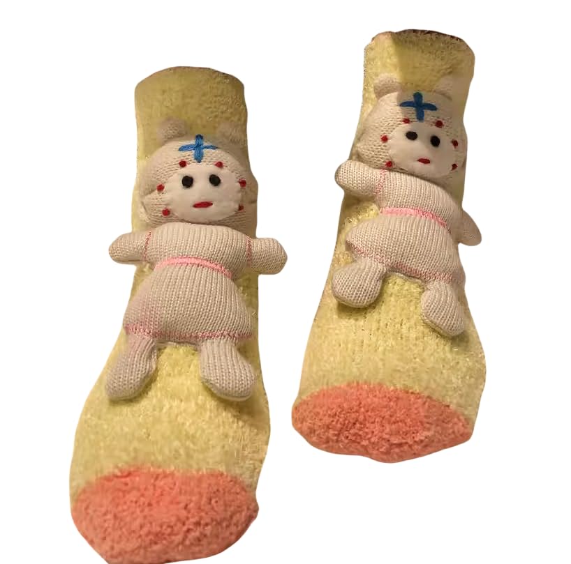 BebeXi Cozy Cartoon Winter Socks for Kids and Adults - Cute and Warm Unisex Thick Socks (Yellow)