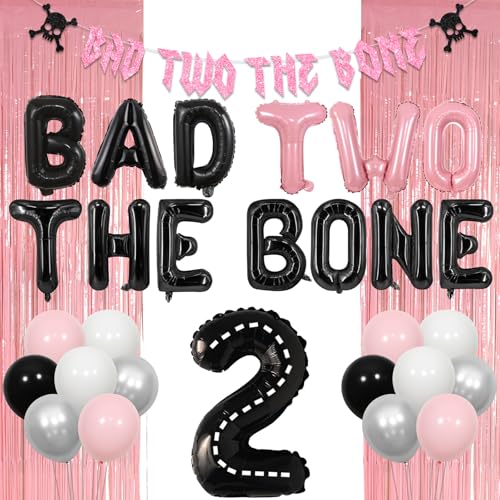 Balterever Bad Two The Bone Bday Decoration Pink Black Rocked Themed 2nd Birthday Party with Bad Two The Bone Balloon Banner Pink Fringe Curtain for Rock and Roll Birthday Party for 2 Years Old Girls