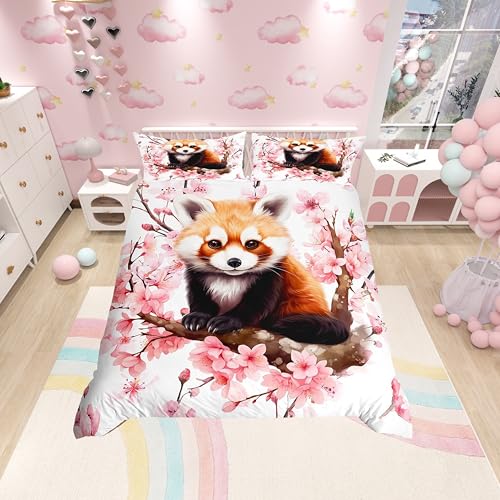 Roter Panda-Bettbezug im Kawaii-Stil, Einzelbett, rosa Kirschblüte,...