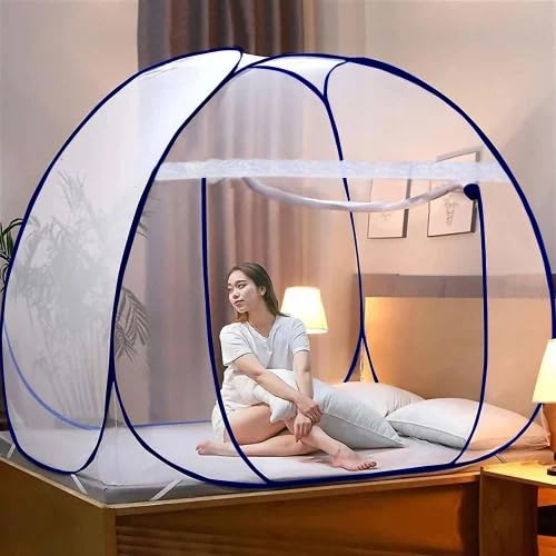 Mosquito Net for Double Bed | King Size Foldable Machardani | Polyester 30GSM Strong Net |PVC Coated Corrosion Resistant Steel Wire - Blue (1, Blue)