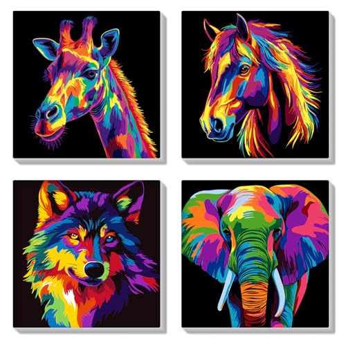 Pintura por números para adultos HEIBAGO, kit de 4 lienzos enmarcados de jirafas y animales