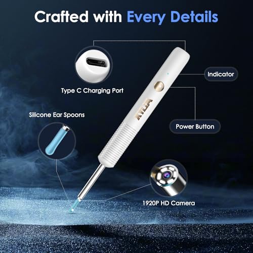 Xylla Ohrenschmalz Entferner Otoskop 1920P HD-Ear Wax Removal IP67 Wasserdicht WIFI Otoskop 360°Weitwinkel ohrreiniger mit 6 LEDs Tragbares Vergnügen der Ohrreinigungr (weiße)