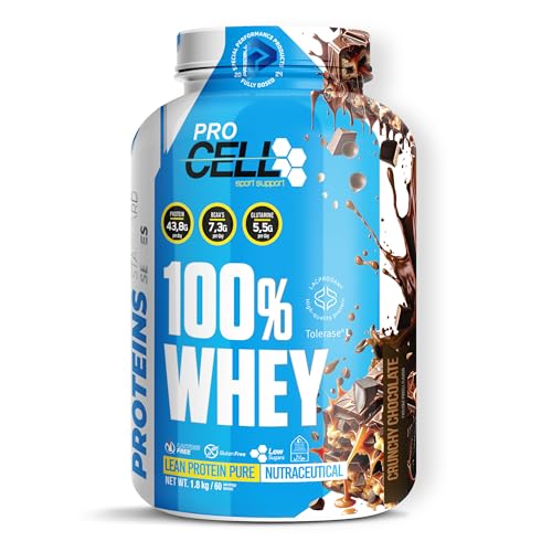 ProCell Proteína Whey 1,8Kg 100% Proteína de Suero Concentrada (Crunchy Chocolate) Con BCAA y Glutamina, Sin Gluten, Sin Lactosa y Bajo en Azúcares (60 Servicios)