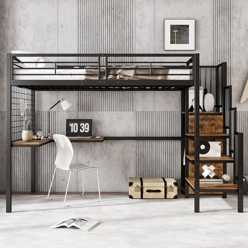 Yihomfy Lit Mezzanine 90x200 cm en Métal avec Bureau, Rangement et Echelles, Armoire Intégrée, Lit superposé pour Enfants et Adultes avec Lattes en Métal...