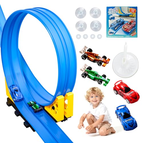 MINDNOOK 16 Ft Flexible Race Car Track Set for Kids, Portable Roll-Up Racetrack with 4 Cars & Suction Cups, Compatible with 1:64 Diecast Toy Cars, Gift for Boys & Girls Ages 4-12