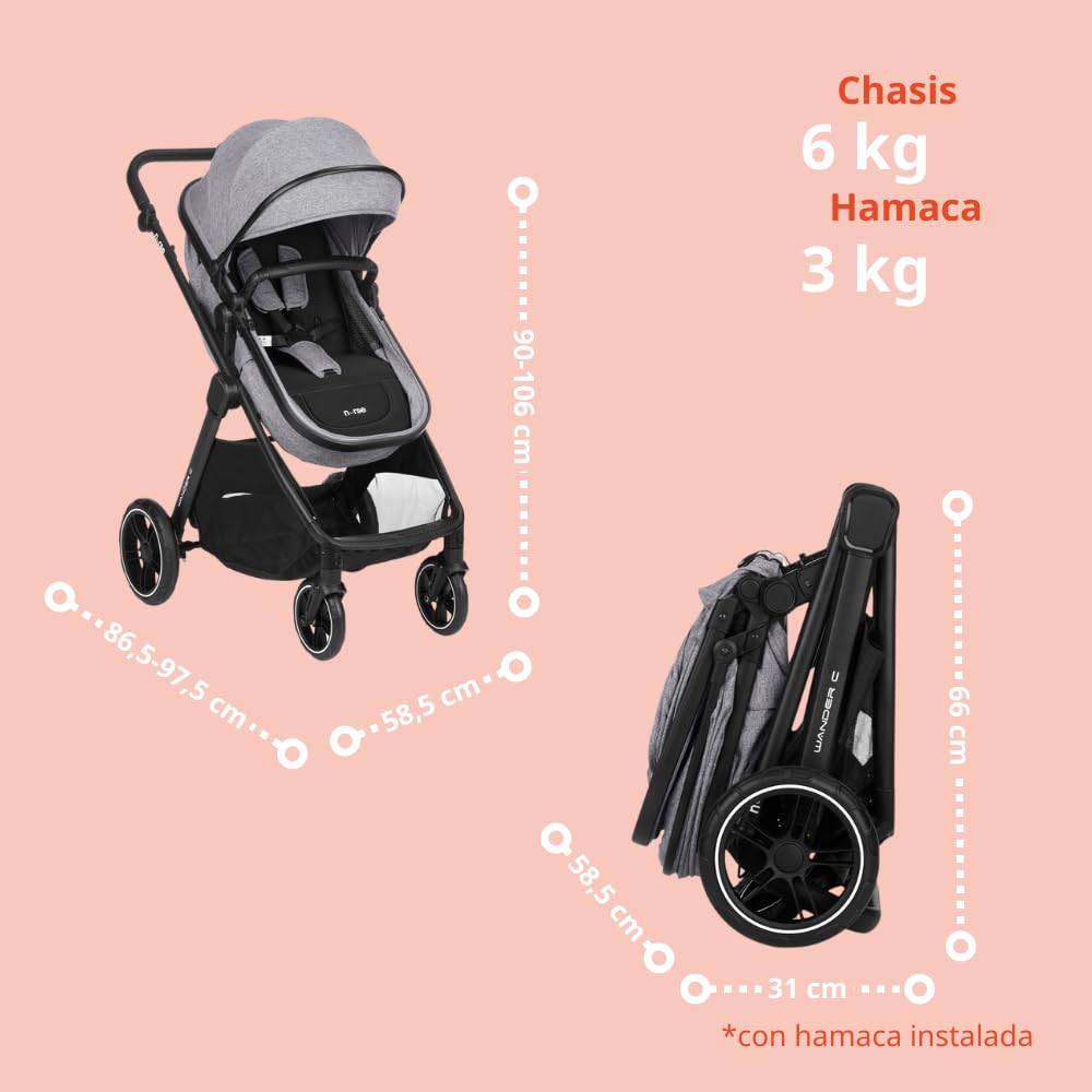 Nurse Wander C Trio Carrito de Bebé 3 en 1, Capazo Convertible en Hamaca y Silla de Coche i-Size, Plegado Compacto, con Accesorios, Gris