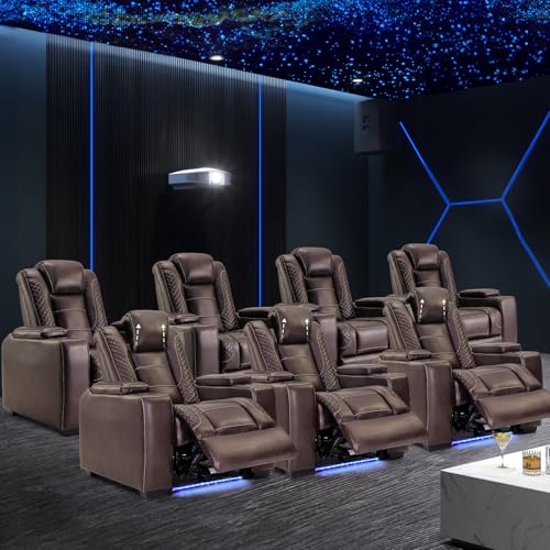 Image of ANJ Power Recliner Chairs Set of 7 for Adults, PU Leather Home Theater Seating with Adjustable Powered Headrest,LED,Storage,USB,Cup Holders,Brown