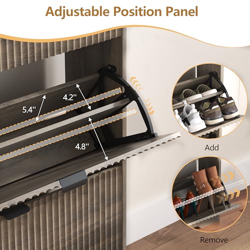 Image of HUANLEGO Shoe Cabinet Storage for Entryway with 3 Flip Drawers, Grey Fluted Shoe Cabinet with Adjustable Shelves, Wooden Hidden Shoe Rack Freestanding Narrow Slim Shoes Storage for Hallway, Entrance