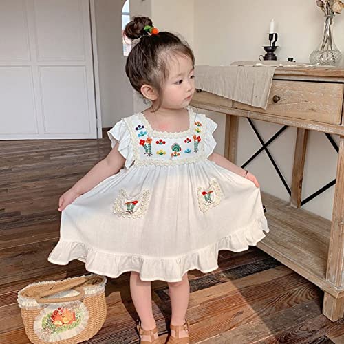 Roupas infantis para bebês e meninas verão linho manga curta bordado floral vestidos para Natal (beg