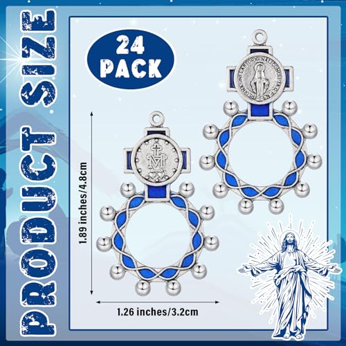 24 Pcs Finger Rosary Ring Traditional Catholic Pocket Rosary Ring Christian Medal Jewellery Crucifix Bulk Blue Keychain for Baptism Favors Prayer Accessories2