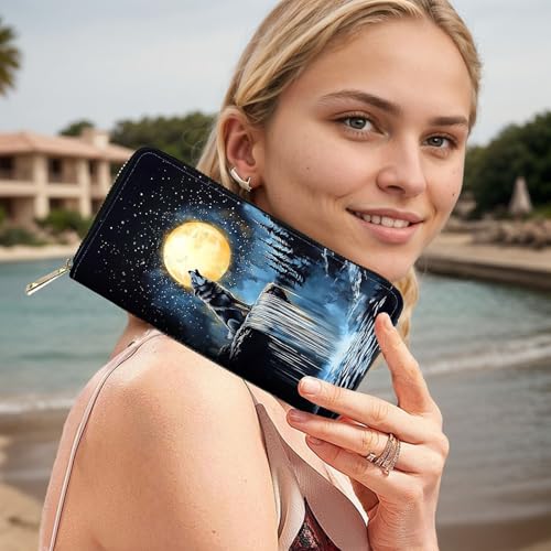 Image of RFID Blocking Leather Wallet for Women - Large Capacity Zip Around Clutch with 8 Card Slots,34 Cash Pockets & Coin Zipper,Wolf and Moon