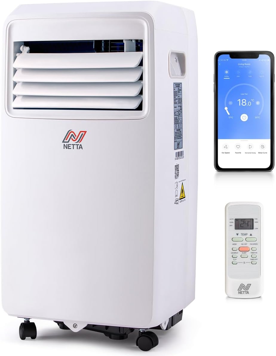 NETTA Portable Air Conditioner with remote control and smartphone app interface