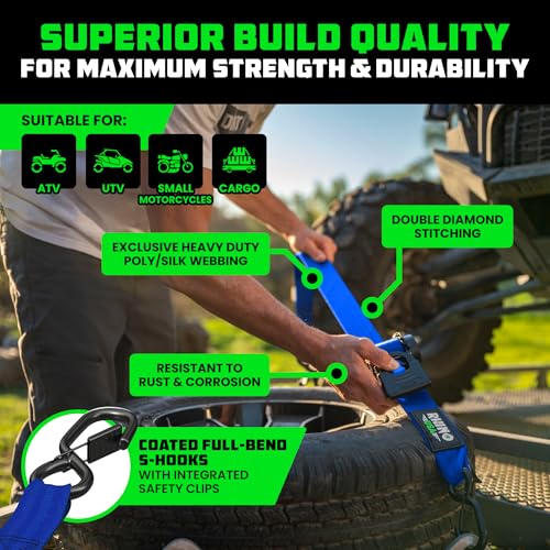 Image of Rhino USA Retractable Ratchet Straps (4-Pack) - 2 Inch x 10 Feet (3,033lb Break Strength) - Heavy Duty Auto Self Retracting Tie Down Straps for Truck, Cargo Trailer, Motorcycle, Rad & More - Blue