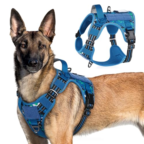 rabbitgoo Tactical Dog Harness for Large Dogs, No Pull Military Service Vest with Handle & Molle, Easy Control for Training Walking, Adjustable Reflective Straps, Blue Camo, XL