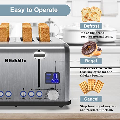 Toaster 4 Slice, KitchMix Bagel Stainless Toaster with LCD Timer, Extra Wide Slots, Dual Screen, Removal Crumb Tray (Stainless Steel) - Imagem 3