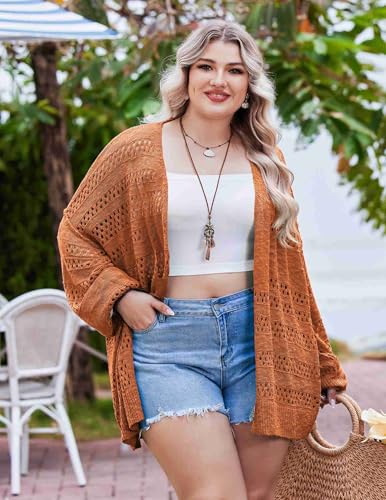 Image of IN'VOLAND Womens Plus Size Crochet Cardigan Lightweight Long Sleeve Open Front Oversized Boho Sweaters Kimonos