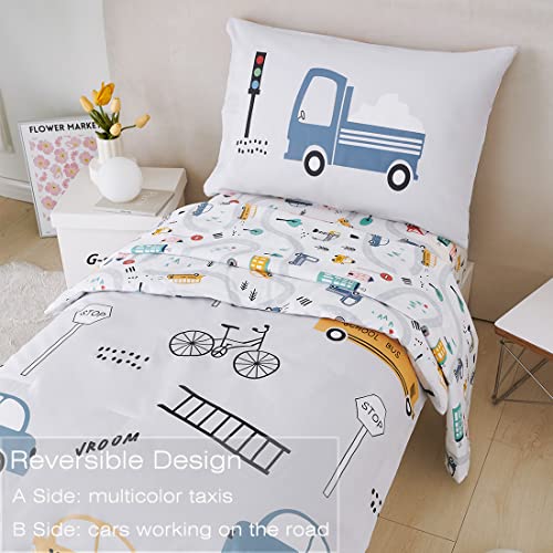 Image of PERFEMET 4 Pcs Toddler Bedding Set - Soft Reversible Cars, Bus, Trucks Print Toddler Bed Set for Boys & Girls - Matching Sheet Set (Light Grey, Taxis /Bus /Trucks)