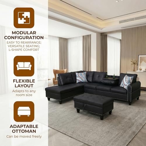 image for Trygoal Leather 3-Piece L-Shaped Sectional Sofa with Storage Ottoman &