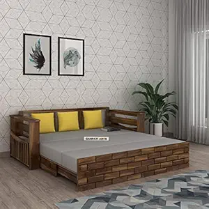 GANPATI ARTS Solid Sheesham Wood 3 Seater Italian Sofa Cum Bed with Side Pockets for Living Room Wooden Sofa Furniture for Home (Teak Finish) 1 Year Warranty