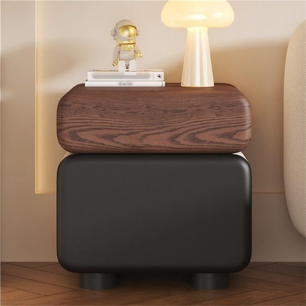 Wood Bedside Table with Two Drawers, Leather Wrapped Hidden Pull Design, Modern Storage Side Cabinet for Bedroom and Living Room Spaces(Brown Black,45cm/17.7in)