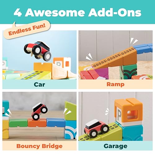 Image of QBI Magnetic Blocks Car Track Set, STEM Building Toys Kids Ages 4-8, 2 Cars