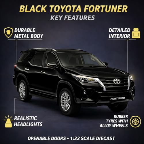 Image of Pringo Fortuner Toy Car for Kids | 1:36 Scale Diecast Pull Back Metal SUV Car | Openable Doors, Boot, Light & Sound | Toyota Fortuner SUV | Gift Toy for Boys 3+ Years | Black