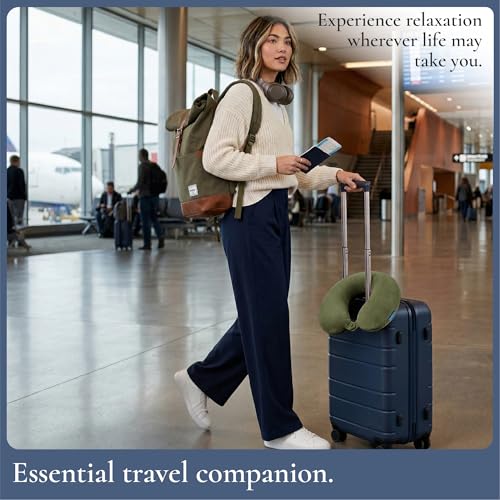 Image of Brookstone Travel Neck Pillow - Lightweight U-Shaped Memory Foam Travel Pillow for Airplane, Car Travels & Sleeping, Olive