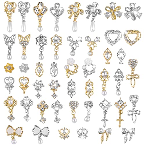 48 Pcs 3D Luxury Nail Charms Torokom Dangle Nail Art Rhinestones Gold Silver Heart Pearl Crystal Gems Nail Jewelry For Acrylic Nails Girl Women Diy Nail Design Craft Jewelry Making #TOP8