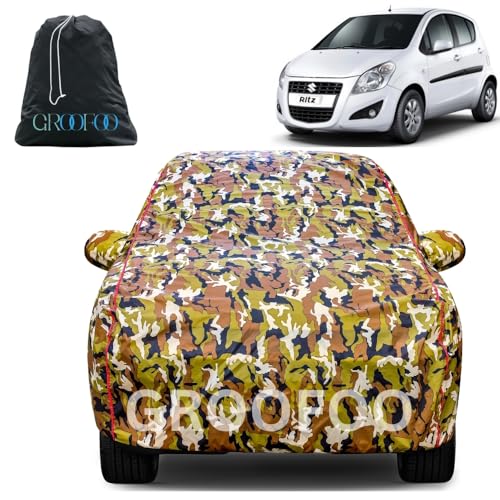 Image of GROOFOO Waterproof Car Body Cover with Mirror Pockets Compatible with Maruti Suzuki Ritz | Triple Stitch Blue Piping Car Cover UV & Dust Proof All-Weather Protection, Adjustable Buckle (Army and Red)