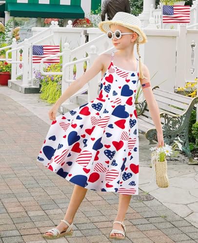 Girls 4th of July Summer Dresses Patriotic American Flag Adjusted Spaghetti Strap Dress Size 4-114