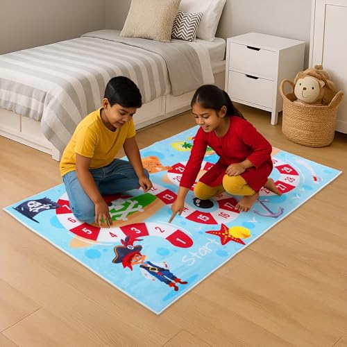 Image of Story@Home Kids Play Mat Carpet 3x5 ft | Anti-Skid Rug for Playroom | Sea Pirates Theme | Super Soft Polyester Floor Mat for Boys & Girls | Sky Blue Crawl & Play Carpet
