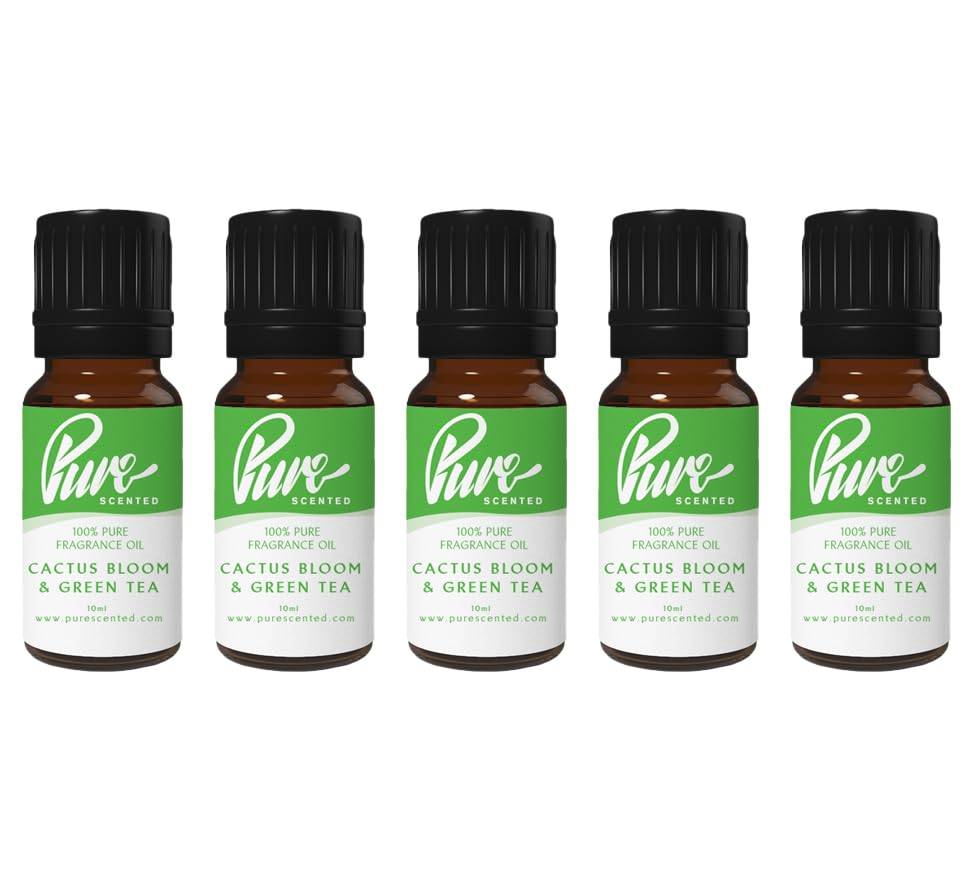 Pure Scented 50ml Fragrance Oils - 5 x 10ml Suitable for Candles, Soaps, Slime, Diffusers, Cosmetics, Wax Melts, Designer (5 x 10ml, Cactus Bloom & Green Tea)